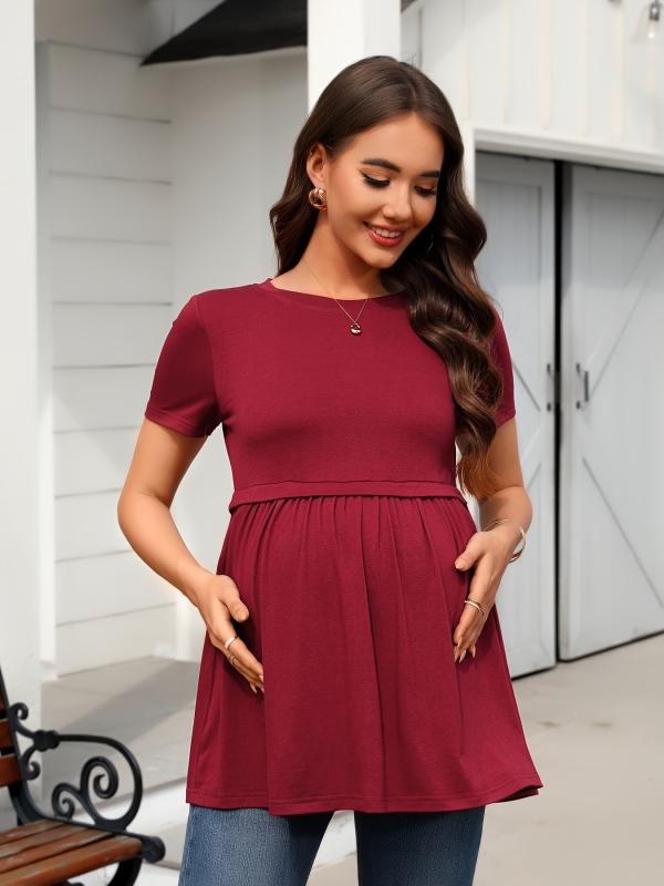 シャツ レディース マタニティ 春夏 チュニック トップス 半袖 小高襟 A字型 シルク風 レッド かわいい..