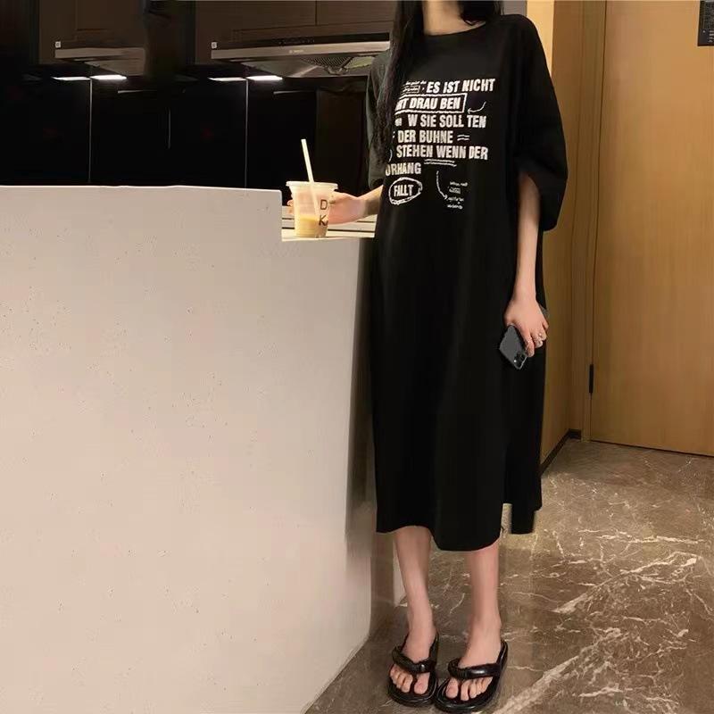 ワンピース レディース 半袖 膝丈 ロング丈 Tシャツワンピース ゆったり 体型カバー ポリエステル 部屋..