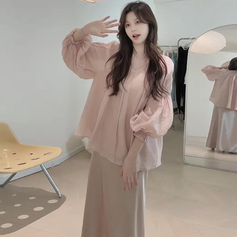 マタニティ セットアップ 春夏 パジャマ 部屋着 半袖 トップス スカート風パンツ 3点セット 授乳口付き..