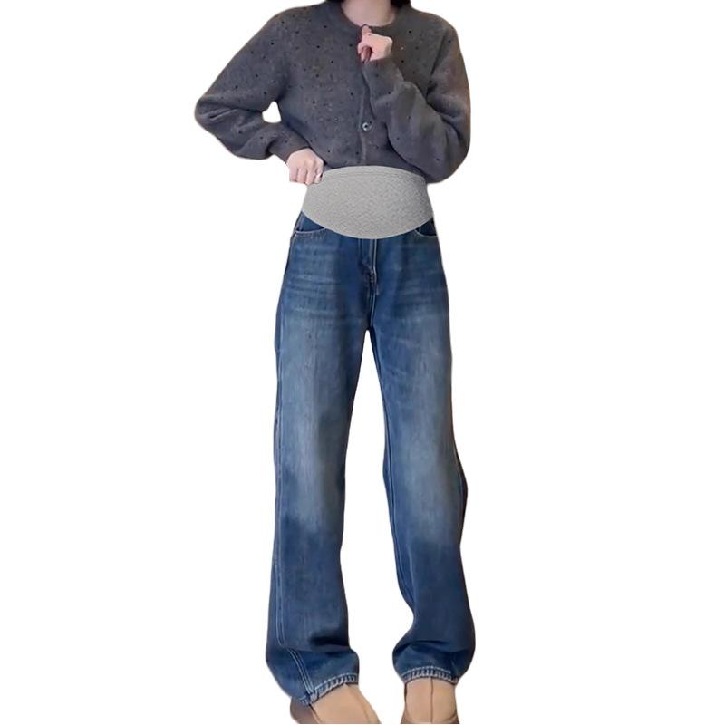 マタニティ デニム ワイド パンツ 韓国風 妊婦 ズボン ハイウエスト 着痩せ ストレート ゆったり 快適 ..