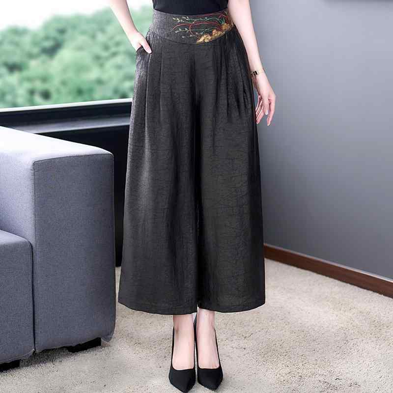 パンツ レディース 楊柳 高腰 ワイドレッグパンツ ゆったり 薄手 イージーパンツ 黒