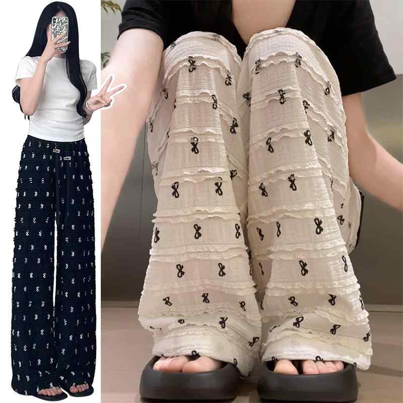 マタニティ パンツ レディース 春夏 薄手 小花柄 ストレート ワイドレッグ レース ロングパンツ ズボン..