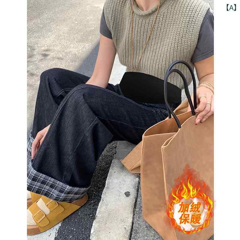 マタニティ デニムパンツ 秋冬 裏起毛 暖か 格子柄 切り替え ワイドレッグ 妊婦服 ゆったり 大きいサイズ