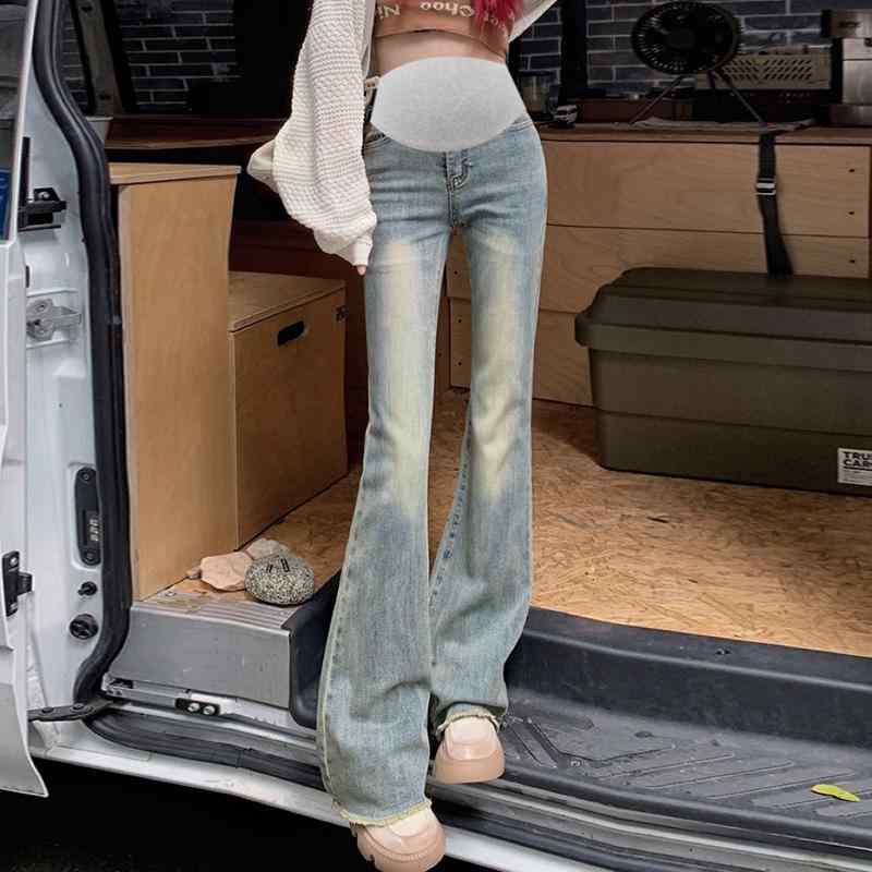 マタニティ デニムパンツ 春秋 高弾性 ジーンズ ゆったり 妊婦 ズボン 調整可能 レトロ グレー ライトブルー