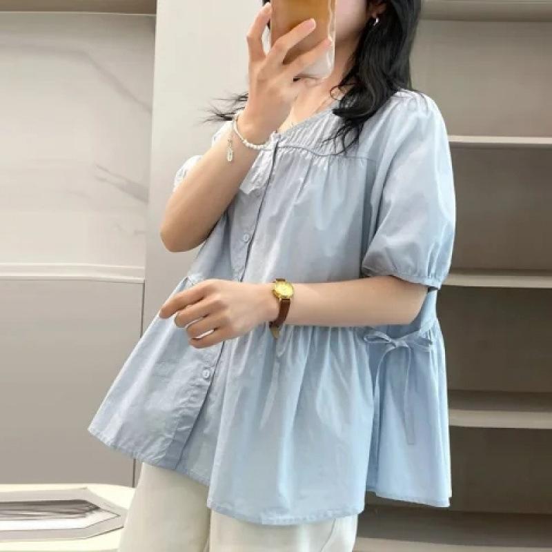 マタニティ トップス 半袖 ブラウス デニム ショートパンツ セットアップ 綿 妊婦 授乳服 春夏 ゆった..