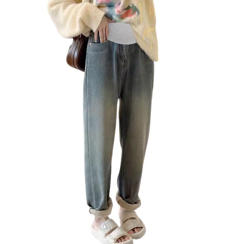 マタニティ デニムパンツ 秋冬 裏起毛 ストレート 妊婦 ズボン ゆったり 保温 ジーンズ デニム 綿