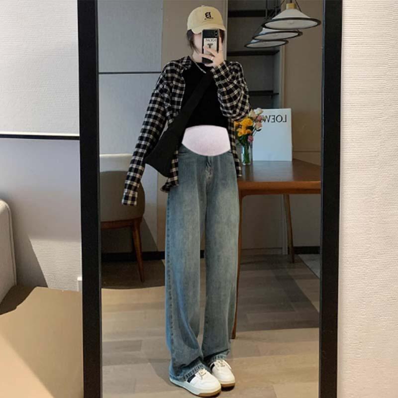 マタニティ デニム パンツ 秋冬 妊婦 ズボン ゆったり ワイドレッグ ロングパンツ 綿70% ブルー グレー..