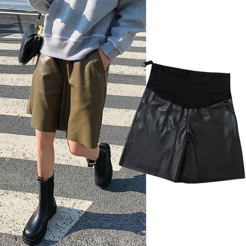 マタニティ ショートパンツ 秋冬 妊婦 プレママ Aライン レザーパンツ ワイドレッグ 5分丈 ゆったり ブ..