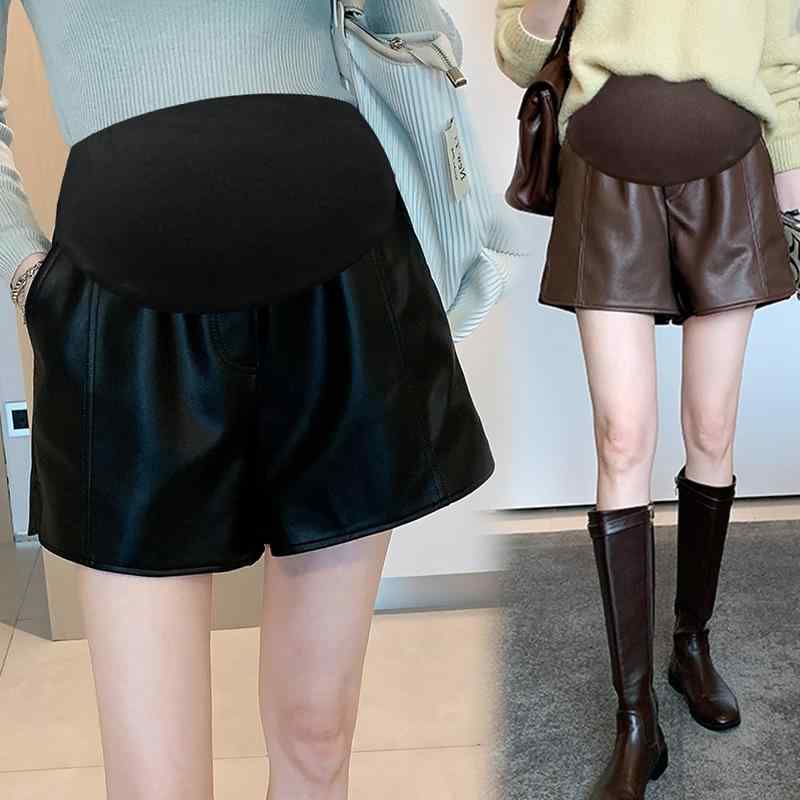 マタニティ パンツ 秋冬 裏起毛 レザー ワイドレッグ ズボン ソックス付き レギンス ゆったり ブラック..