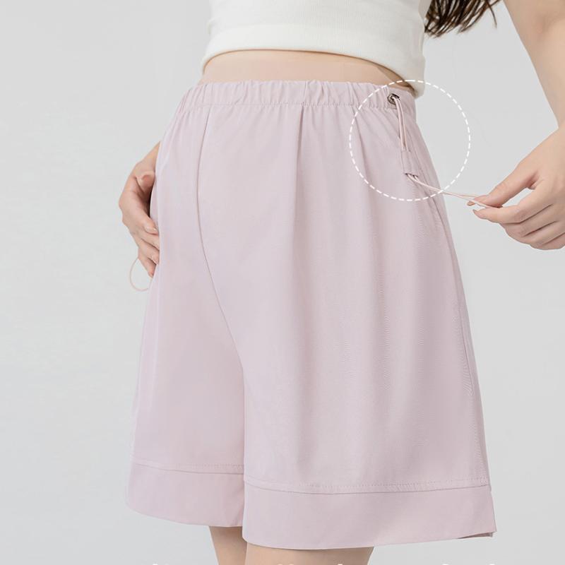 マタニティ ショートパンツ 春夏 薄手 ゆったり ワイドレッグ 5分丈 混合生地 腹帯付き 快適 普段使い ..