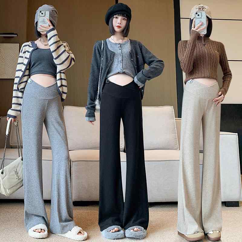 マタニティ ニット パンツ 秋冬 垂れ感 ワイドレッグ カジュアル 妊婦 ズボン ボトムス 長ズボン ウエ..