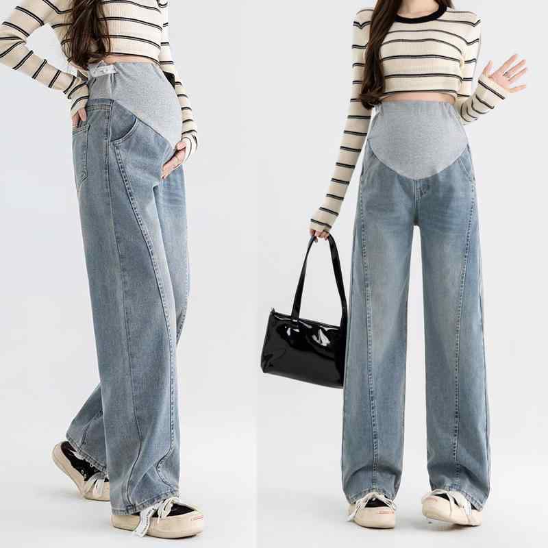 マタニティ デニム パンツ 春秋 高い腰 腹サポート ワイドレッグ 伸縮性 ジーンズ ゆったり 妊婦 ズボン