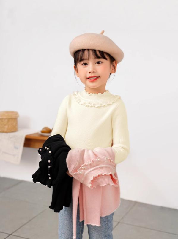 ニット・セーター ガールズ 子供服 秋冬 長袖 丸首 無地 プルオーバー 裾フリル かわいい 伸縮性 普段着 部屋着 通学着 ブラック ピンク系 ベージュ 110cm 120cm 130cm 140cm 150cm 160cm