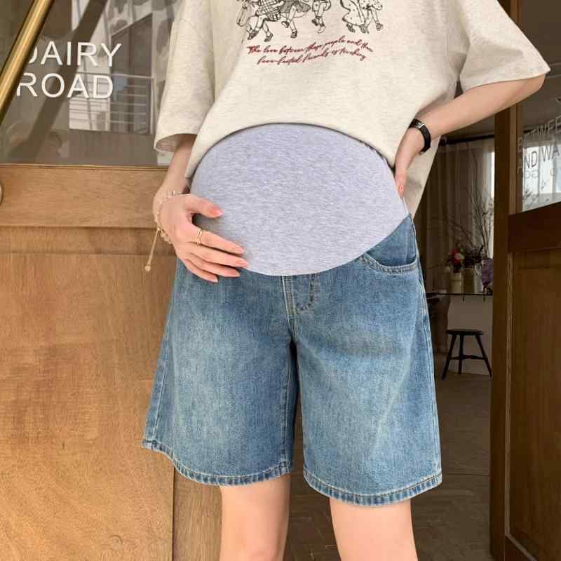 マタニティ デニム ショートパンツ 5分丈 妊婦 短パン 薄手 接触冷感 伸縮性 ワイドレッグ ジーンズ 腹..