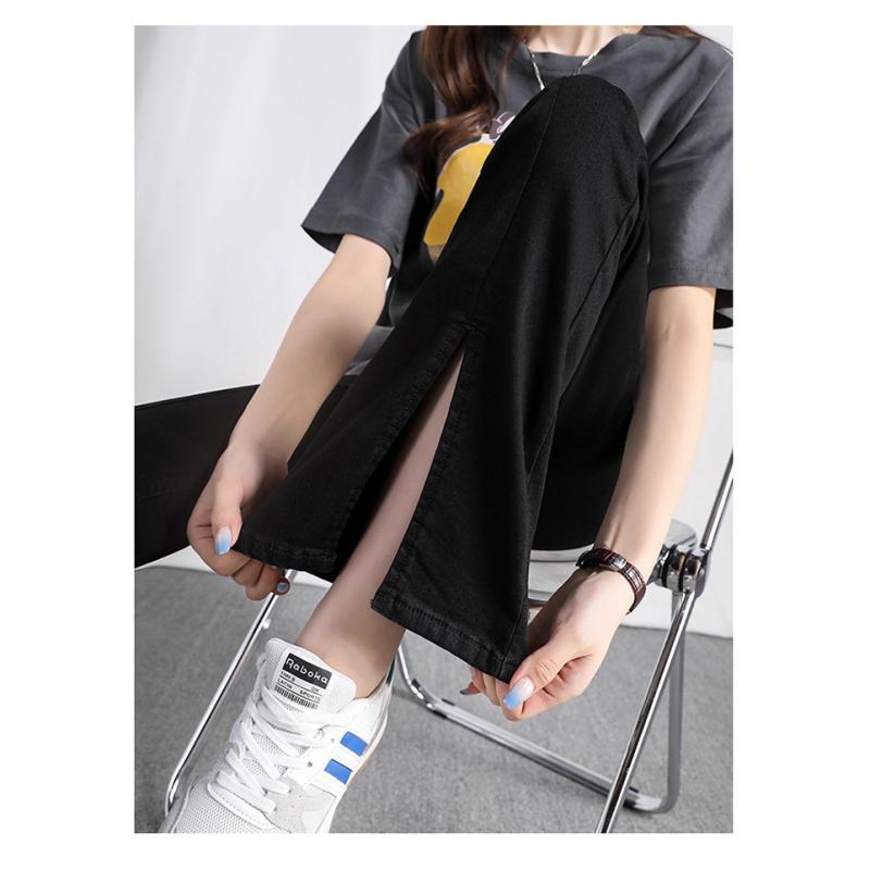 マタニティ デニム パンツ レディース 妊婦服 春秋 薄手 コットン ゆったり 裾スリット ワイド ストレ..