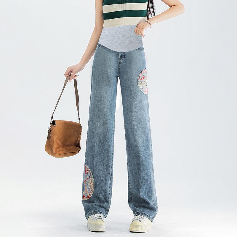 マタニティ デニム ワイド パンツ 刺繡 トールサイズ ゆったり 妊婦 妊娠 初期 産後 産前 ズボン ボト..