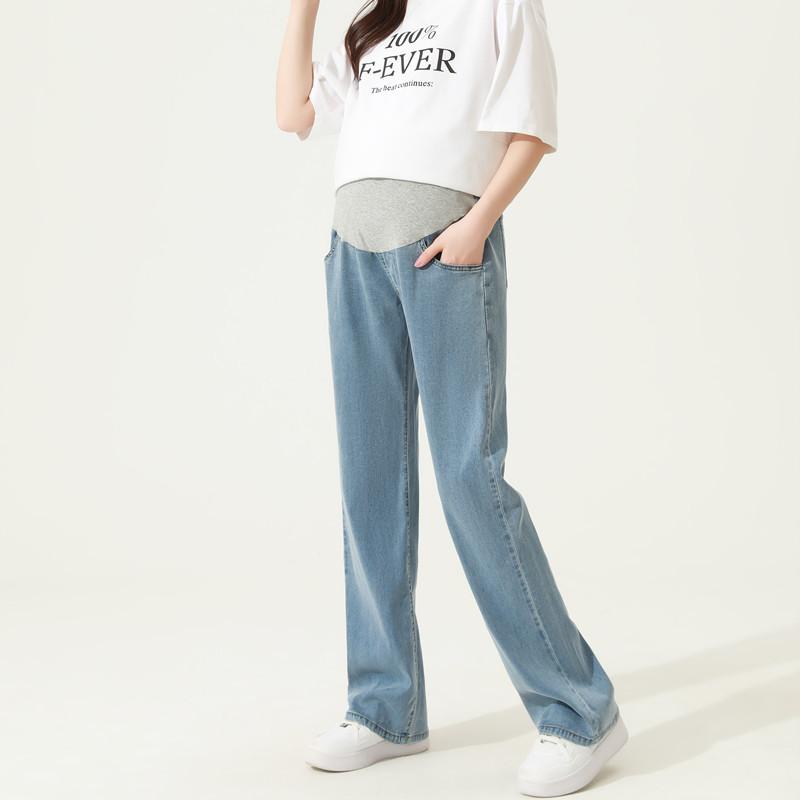 マタニティ パンツ 春夏 薄手 テンセル デニム ワイドレッグ ズボン 高弾力 妊婦服 テンセルブルー 欧美