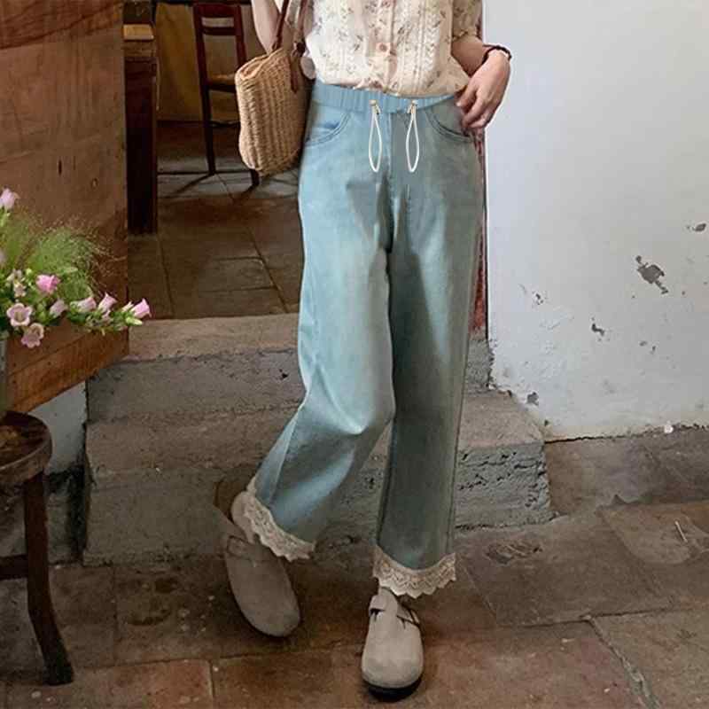 マタニティ デニムパンツ ジーンズ レース 9分丈 ズボン ゴム 紐 ストレート ワイド レトロ 薄青 ゆっ..