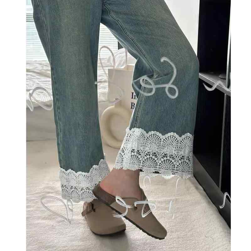 マタニティ デニムパンツ レース 切り替え ストレート ジーンズ ゆったり 妊婦 産前 産後 9分丈 ブルー