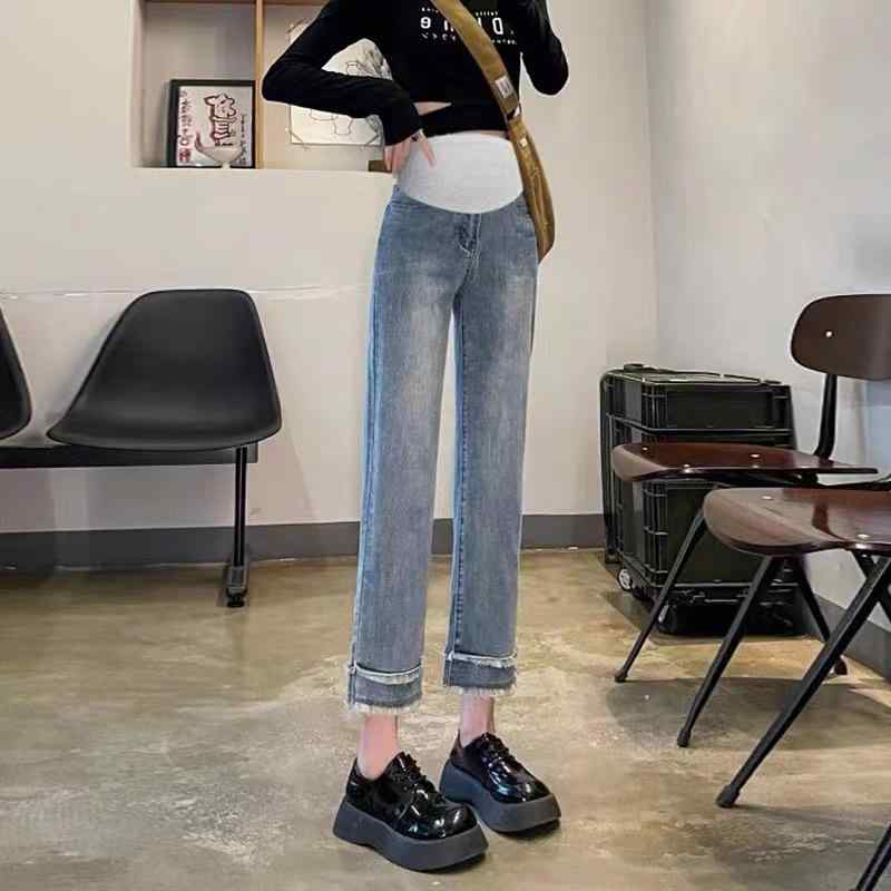 マタニティ デニムパンツ ゆったり ストレート クロップドパンツ 切りっぱなし 裾 秋冬 裏起毛 あった..