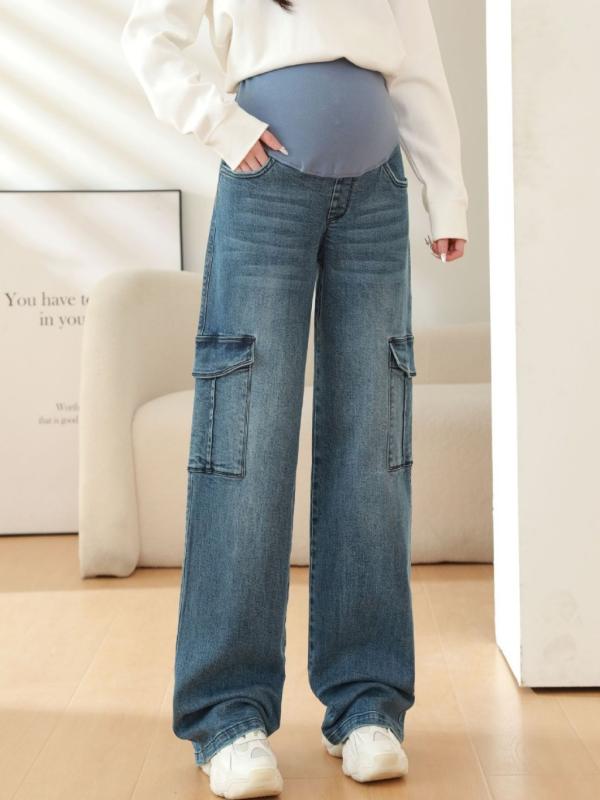 マタニティ デニムパンツ ジーンズ ワイドレッグ ワークパンツ ゆったり 妊婦服 産前産後 調整可能 ウ..
