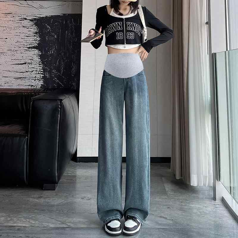 マタニティ デニム 春秋 妊婦 ズボン パンツ ワイド ストレート 復古ブルー セメントグレー 伸縮性 ト..