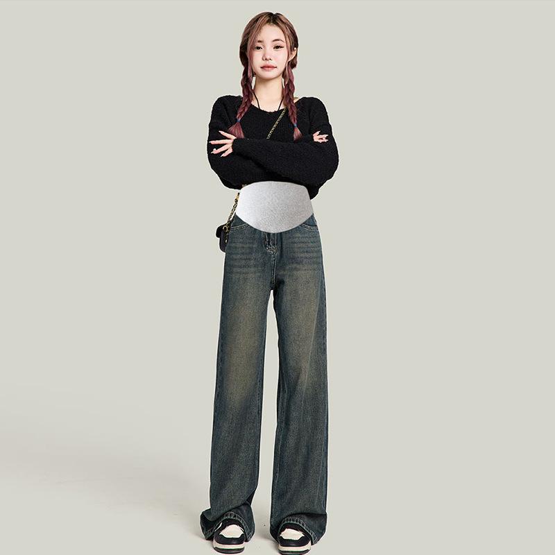 マタニティ デニム ワイドパンツ 妊婦 ズボン パンツ ゆったり ストレート 快適 伸縮性 水色