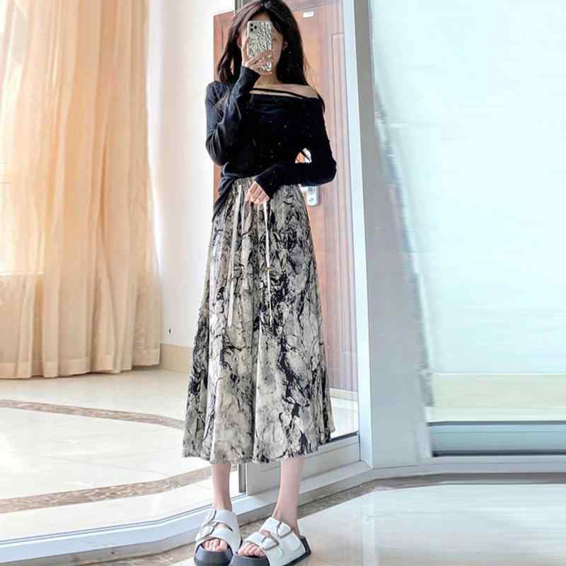 マタニティスカート レディース 水墨画風 Aライン スカート 傘型 ミモレ丈 ワイドレッグパンツ付き ポ..