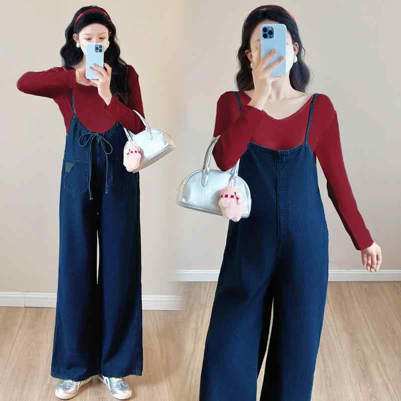 マタニティ デニム サロペット ワイドパンツ 春夏 綿 Tシャツ セットアップ 妊婦 前後2way