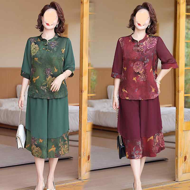 セットアップ レディース ママ 新しい中国スタイル シフォン トップス パンツ 2点セット ゆったりサイ..