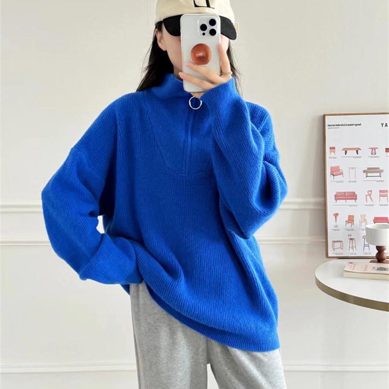 ニット レディース 秋冬 ハーフジップ 襟付き プルオーバー ゆったり 大きめサイズ 無地 韓国風 カジュ..