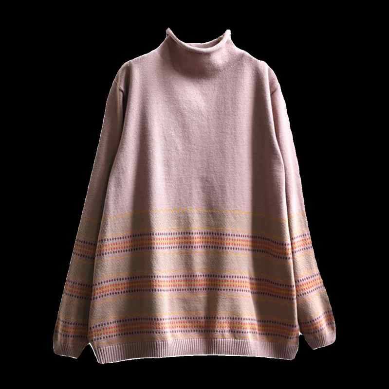 ニット レディース ボーダー柄 ハイネック ゆったり あったか 秋冬 トップス プルオーバー 長袖 普段使い かわいい ガーリー フェミニン 私服名媛風 カキ ブラック グリーン ピンク イエロー