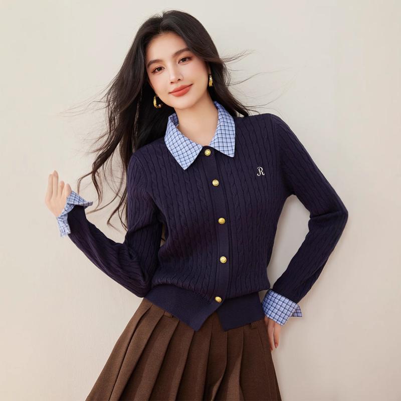 ニット レディース 小柄 ケーブル編み カーディガン 学院風 トップス 長袖 ポリエステル 紺色 ネイビー系