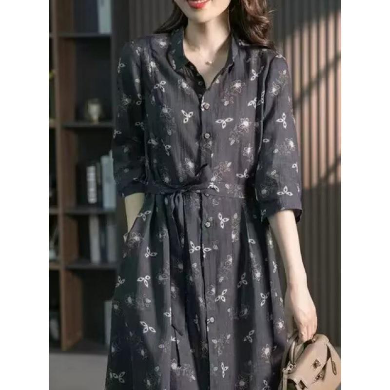 ワンピース レディース 春夏 花柄 麻 シャツワンピース 7分袖 ミモレ丈 ティアードワンピース ブラック レッド 街頭風