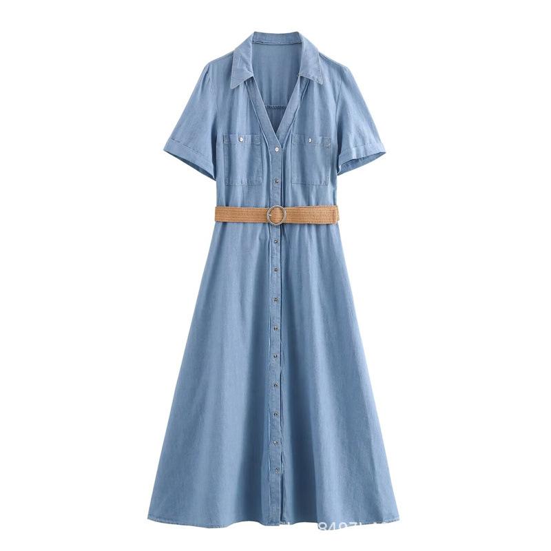 ワンピース レディース 2025 春夏 シャツワンピース 半袖 Aライン ロング ポリエステル 欧米風 ストリ..