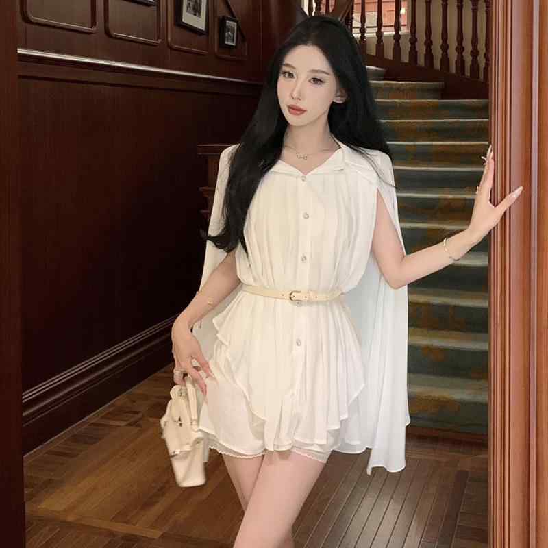 ワンピース レディース チュニック 半袖 膝上丈 高腰 襟付き Aライン フレア 白 ポリエステル 荷葉袖 春夏 パーティー ドレス リゾート 旅行 ゆったり かわいい