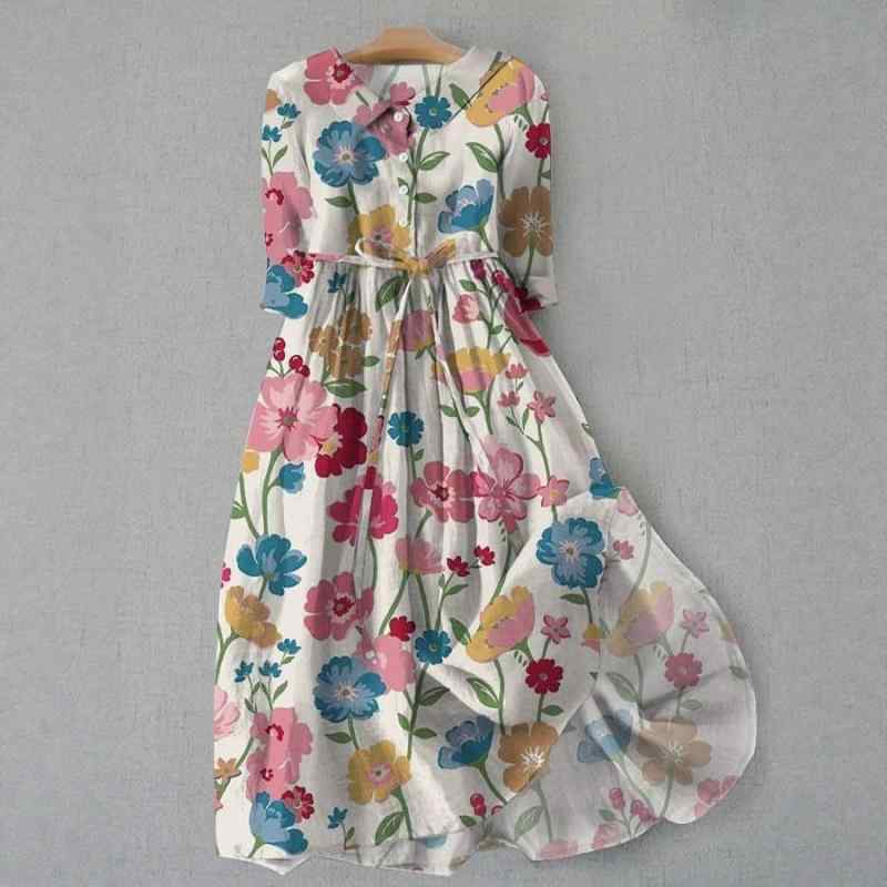 ワンピース レディース シャツ襟 半袖 ミモレ丈 ティアード 接触冷感 プリント柄 リゾート風 ギャザー ..