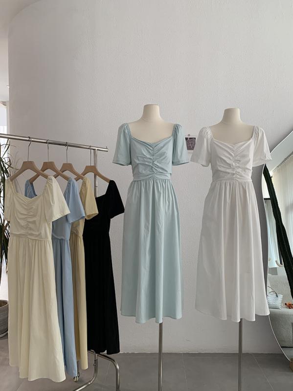 ワンピース レディース Aライン スクエアネック 半袖 ロングワンピース 無地 切り替え 高見え ブラック..