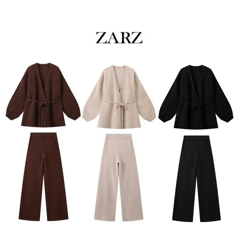 ニット セットアップ レディース 文芸風 快適 普段使い ポリエステル 長袖 長ズボン S M L ワインレッド ブラック カーキ色