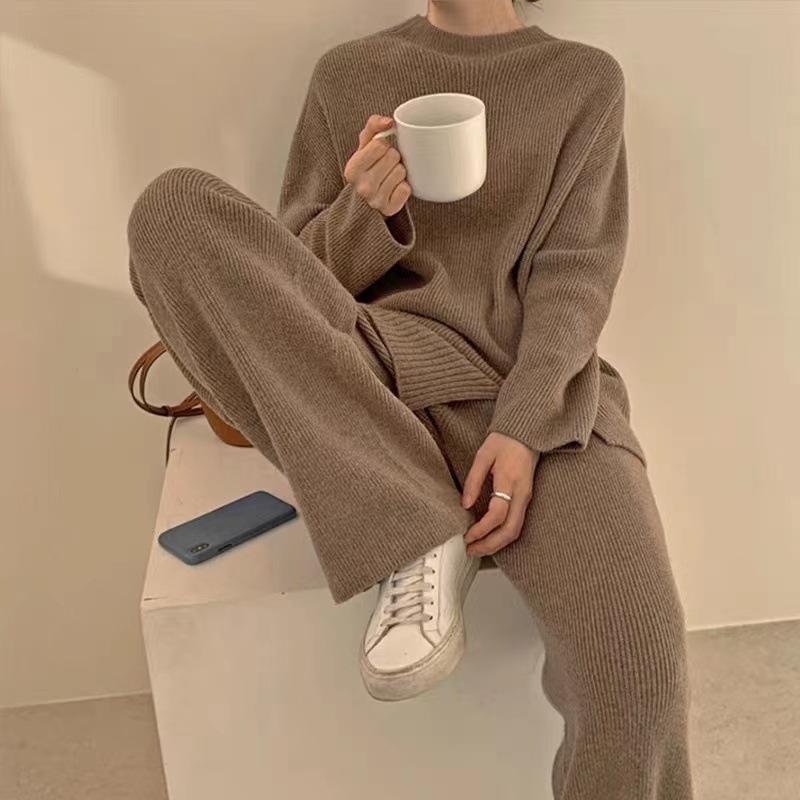 ニット レディース 秋冬 セットアップ ニット & ワイドレッグパンツ 上下セット 快適 普段使い 伸縮性 ブラック コーヒー色 米白色