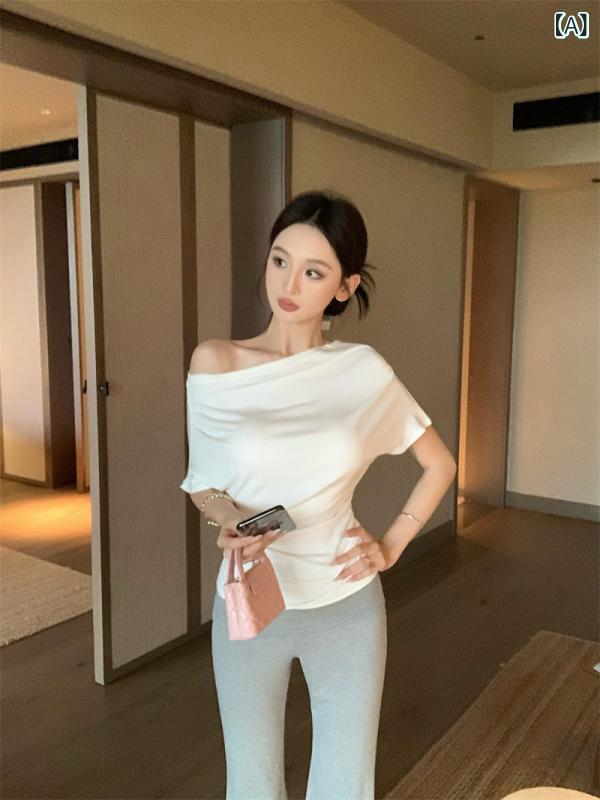 セットアップ レディース 春夏 纯欲風 肩出し トップス パンツ 上下 2点セット 女性用 カットソー ベルボトム 無地 コットン 私服 部屋着 デート