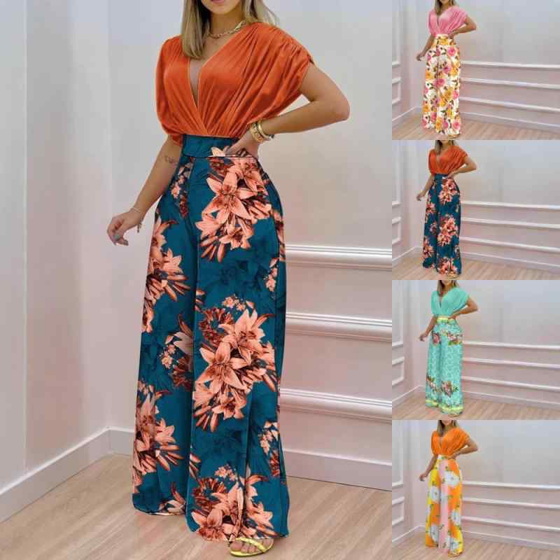 パンツ レディース 春夏 2点セット 橙色プリント ピンクプリント 黄色プリント 緑色プリント 深オレンジプリント 通勤 カジュアル 快適 7分袖 ズボン ポリエステル S M L XL XXL XXXL