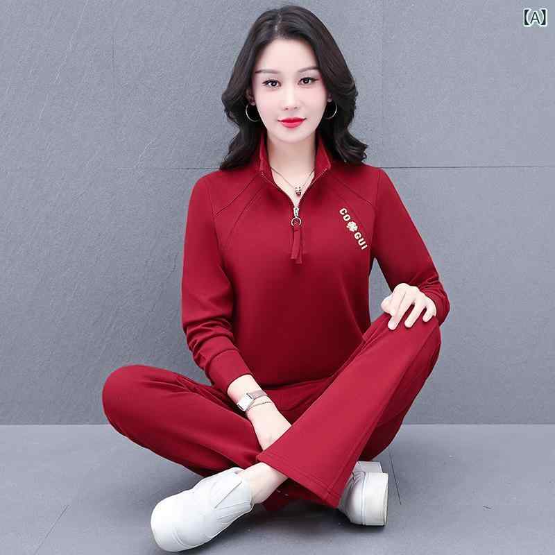 セットアップ レディース 春 スウェット 上下 ジャージ 2点セット：綿 長袖 トップス ズボン 韓国風 カジュアル ルームウェア 部屋着 スポーツウェア ワインレッド カーキ ブラック 大きいサイズ