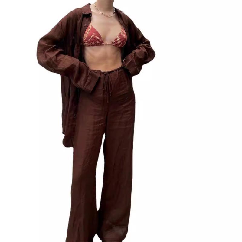 セットアップ レディース 長袖シャツ 長ズボン 快適 普段使い 綿麻混紡 春秋 カジュアル 通勤 ホワイト ブラウン ベージュ 無地 切り替え