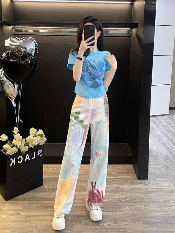 デニム レディース セットアップ 高腰 ワイドレッグ ジーンズ ＆ トップス カジュアルスタイル ブルー ホワイト コットン 韓国風 日韓スタイル