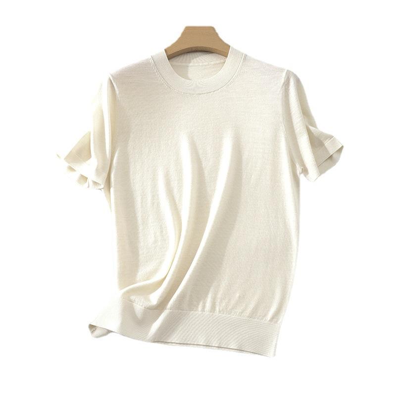 ニット レディース トップス 半袖 ラウンドネック プルオーバー 薄手 ウール100% 無地 パープル ホワイ..