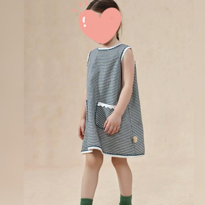 ワンピース 女の子 ベビー 亜麻 リネン 格子柄 Aライン フレンチスタイル ノースリーブ かわいい サマ..