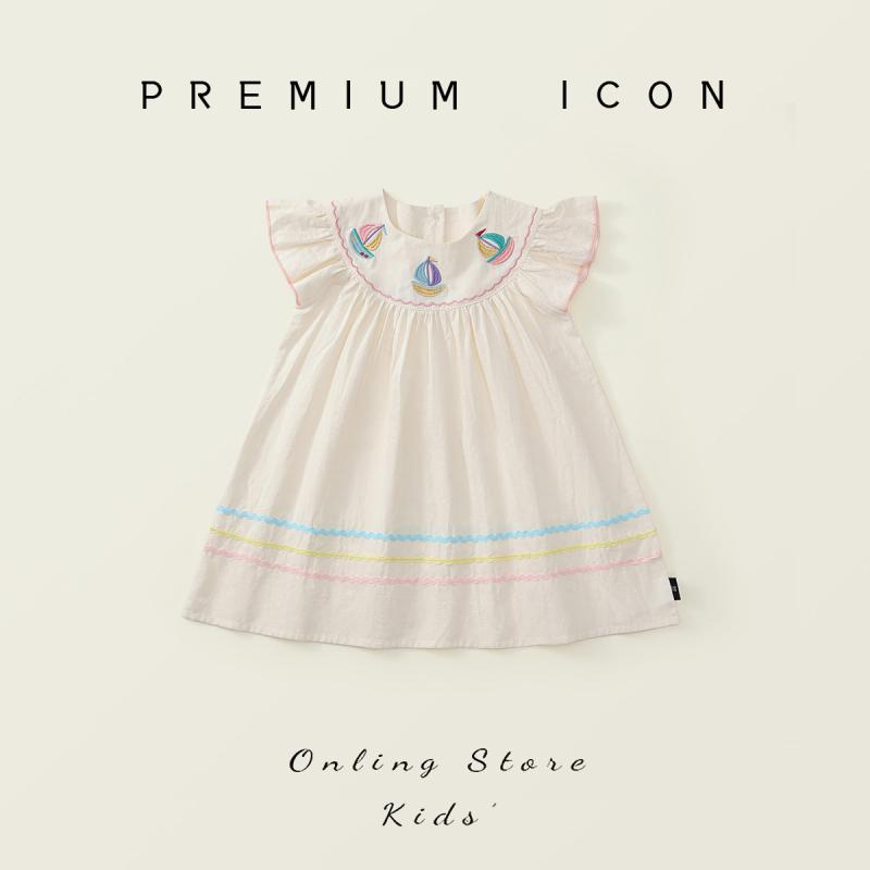 ワンピース 女児 子供服 半袖 刺繡 Aライン チュールスカート かわいい 杏色 綿 90 100 110 120 130 14..