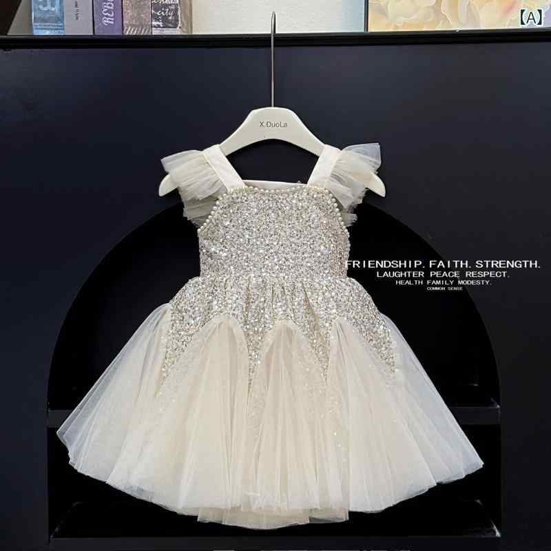 ワンピース 女の子 夏 吊りスカート 子供服 プリンセス シャンパンゴールド スパンコール フリル袖 ポ..