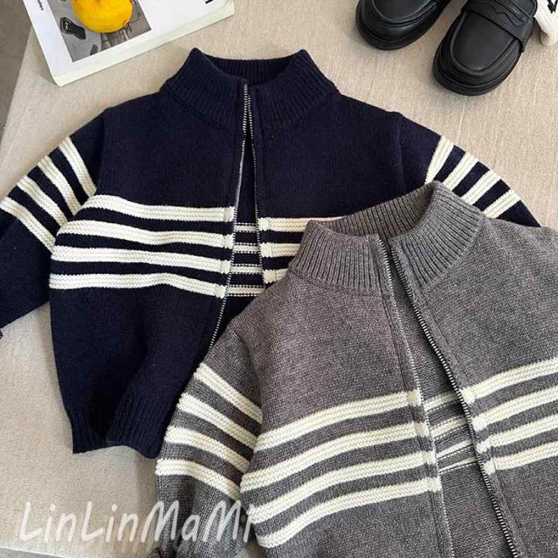 子供服 ニット カーディガン 男の子 ストライプ柄 ジップアップ ニット アウター 綿100% 柔らかい 秋 ..